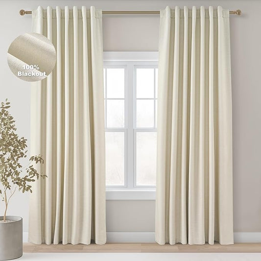 Topfinel 100 Inch Long Ivory White Black Out Custom Drapery Panels, Ceiling Neutral Country Opaque Window Coverings, Sun Blocking Back Tab Modern Heat Blocking Back Tab Curtains for Bay Window