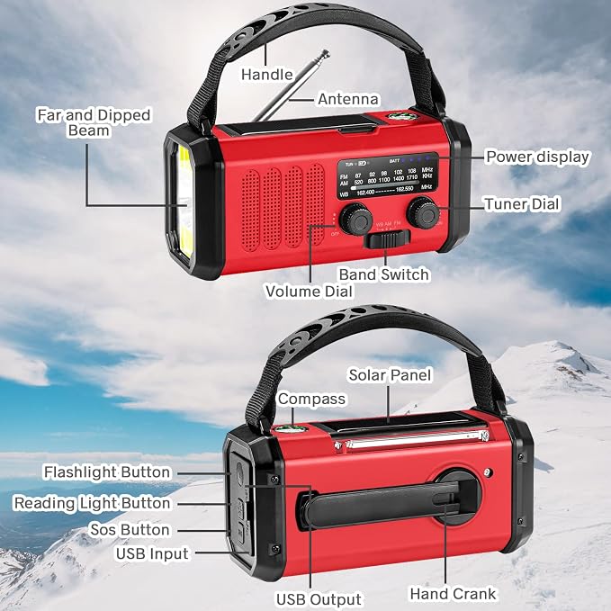 Emergency Crank Radio10000mAh/37000mWh AM/FM/NOAA Weather Radio, Solar/Hand - Image 6