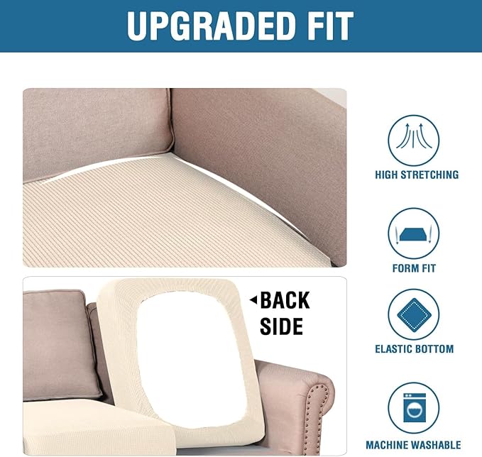 H.VERSAILTEX Super Stretch Individual Seat Cushion Covers Sofa Covers Couch Covers Slipcover Sets Thick Jacquard Textured Twill Fabric (2 Piece Medium Sofa Cushion Covers, Cream)