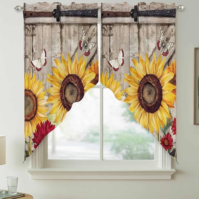 Sunflowers Swag Valances for Windows, Retro Flower Barn Doors Butterfly - Image 7