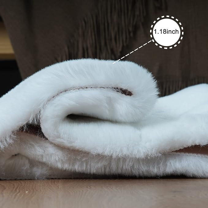 Ghouse Ultra Soft Faux Rabbit Fur Rug, Machine Washable Area Rugs for Bedroom Fluffy Rugs for Living Room, No-Shedding Carpet Sheepskin Runner Rugs White 2 x 8 Feet