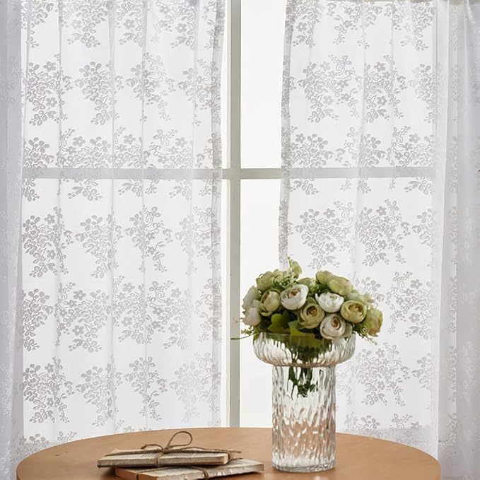 YJ YANJUN Vintage Lace Curtains 36 inch Length Country White Cafe Kitchen Sheer Short Curtain Panels for Bathroom - 2 Panels 26 x 36 Inch Light Filtering