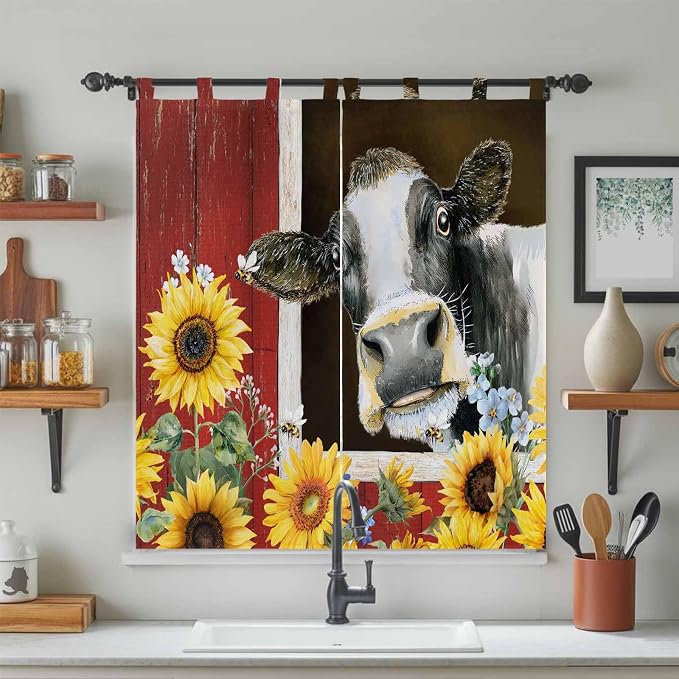 Cows Sunflowers Living Room Curtains 84 Inch Length, Window Curtains Tab Top - Image 3