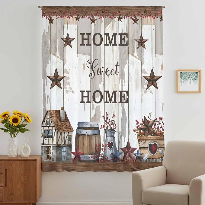 Farmhouse Sheer Curtains 54 Inch Length Retro Country Star Berry Vintage Wood - Image 5