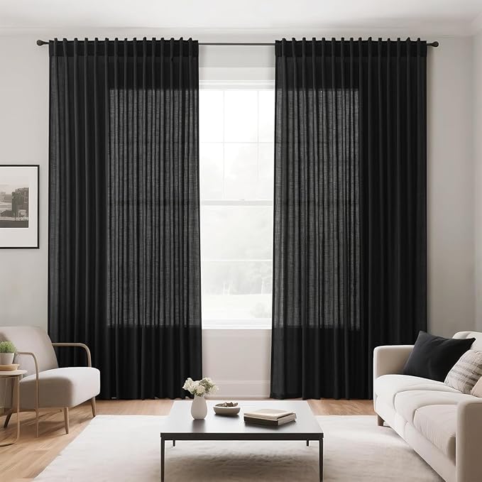 Nanspring Black Linen Blend Semi Sheer Curtains 86 Inches Long 2 Panel Set Pocket Back Tab Privacy Decorative Decor Curtain Drapes for Bedroom Living Room 52x86
