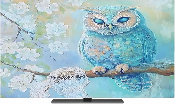 Watercolor Blue Owl Indoor TV Cover, Elastic TV Screen Protector Retro White - Image 2