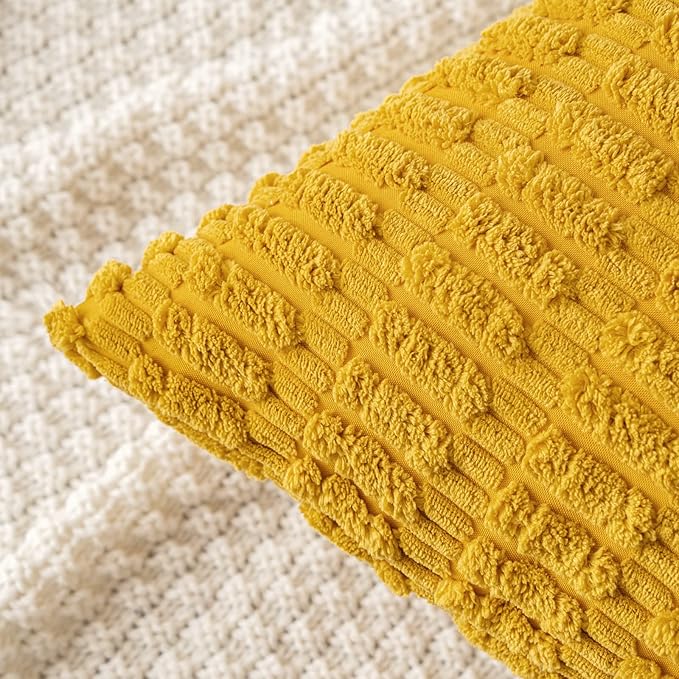 MIULEE Pack of 2 Corduroy Decorative Euro Sham Throw Pillow Covers 22x22 Inch Soft Boho Striped Pillow Covers Modern Farmhouse Home Decor for Summer Sofa Living Room Couch Bed Mustard Yellow