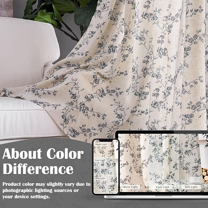 Lazzzy Farmhouse Linen Curtains Black Floral Curtains 90 Inch Length Back Tab Drapes for Living Room Bedroom Light Filtering Country Vintage Rod Pocket, 2 Panels, Black on Beige