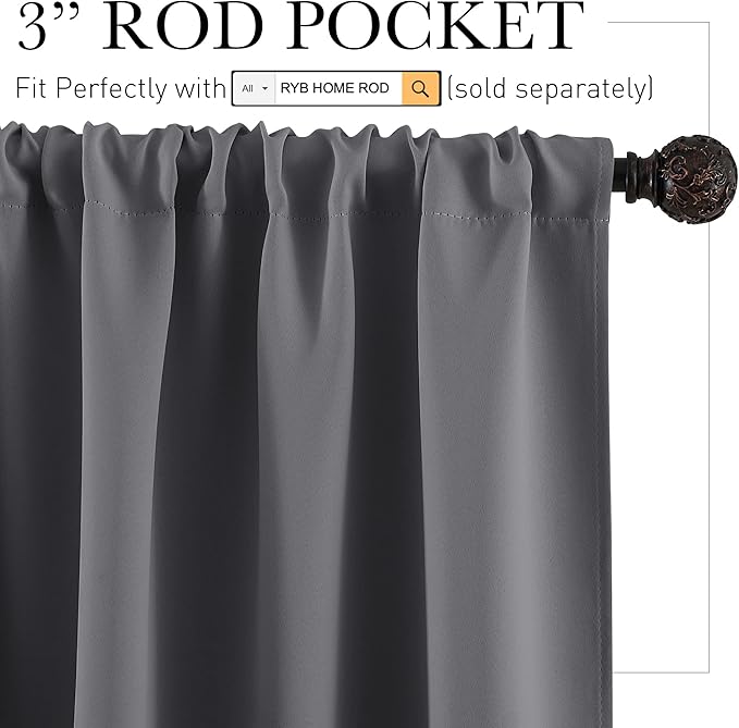 RYB HOME Short Grey Blackout Curtains for Small Bedroom Window, Insulating UV Blocking Drapes for Kitchen Cafe Basement Garage, Privacy Tiers for Bathroom Window, Width 42 by Length 36, Set of 2
