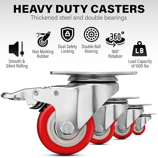 2.5 Inch Heavy Duty Casters Set of 4, Lockable Plate Caster Wheels - Image 3