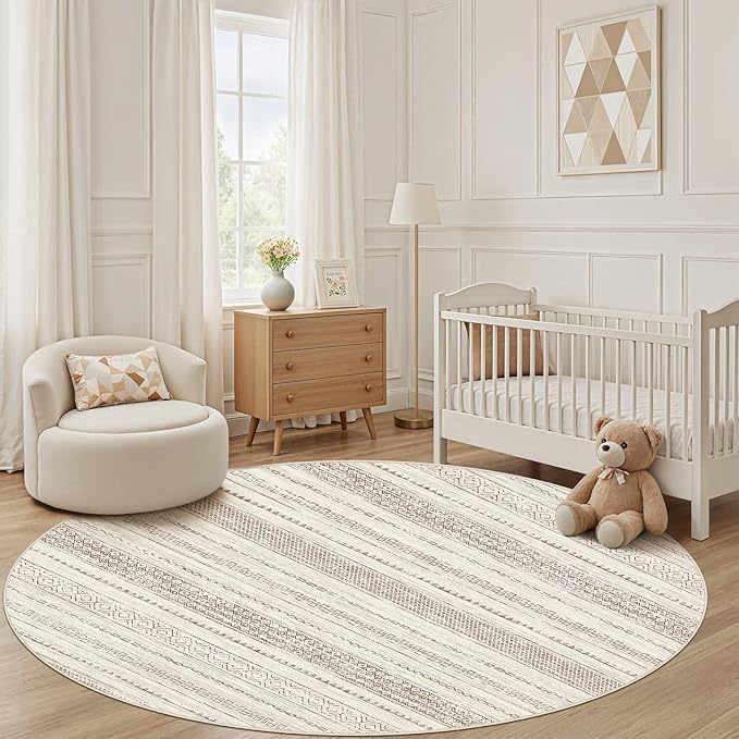 Nakagishi Round Rug Boho Area Rugs: 8x8 Washable Large Circle Neutral Soft Stain Resistant Non-Slip Carpet for Women Aged 25-45 Farmhouse Decor Enthusiasts - Living Room Bedroom Dining Room Nursery