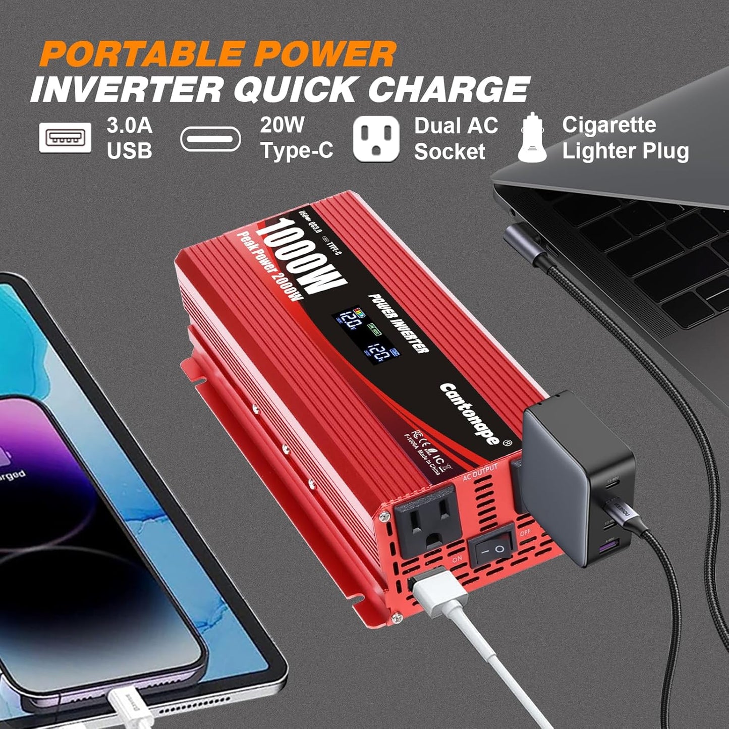 1000W Car Power Inverter DC 12V to 110V/120V AC Converter with LCD Display 2 AC Outlets 3.0A USB and Type-C Car Charger Adapter for Car Home Laptop Truck