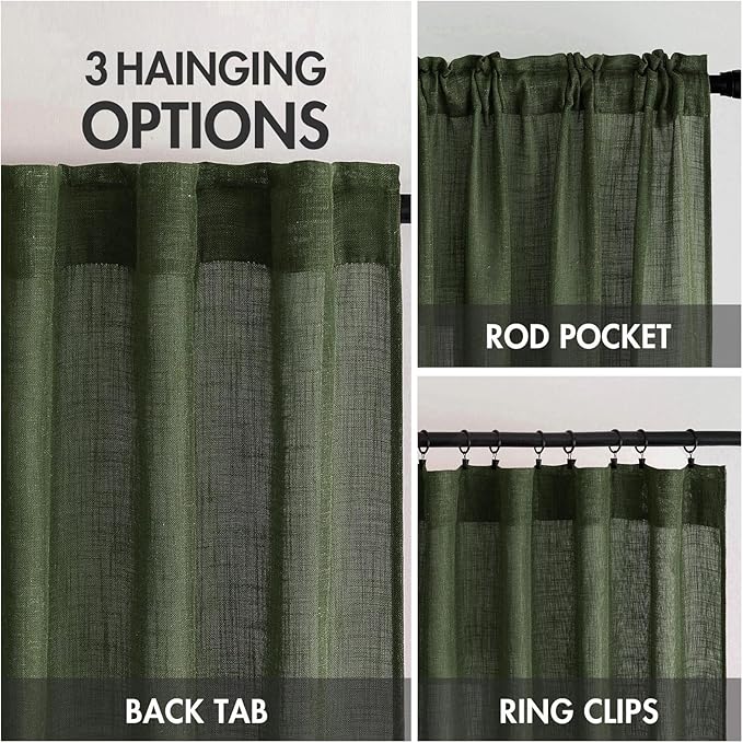 MIULEE Olive Green Linen Curtains 54 Inch Length 2 Panels for Bedroom Living Room, Soft Thick Linen Textured Natural Short Window Drapes Semi Sheer Light Filtering Back Tab Burlap Look Decor