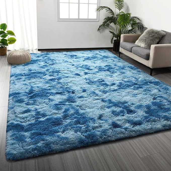 Deerhoo Large Shag Area Rugs 8 x 10, Tie-Dyed Plush Fuzzy Rugs for Living Room, Ultra Soft Fluffy Furry Rug for Bedroom, Indoor Carpet Nursery Rugs for Kids Room Home Decor,Bright Blue