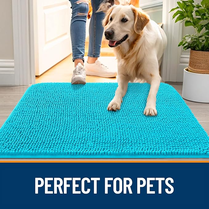 OLANLY Dog Door Mat for Muddy Paws 47x17, Absorbs Moisture and Dirt, Absorbent Non-Slip Washable Doormat, Quick Dry Chenille Mud Mat for Dogs, Entry Indoor Entryway Carpet for Inside Floor, Aqua Blue