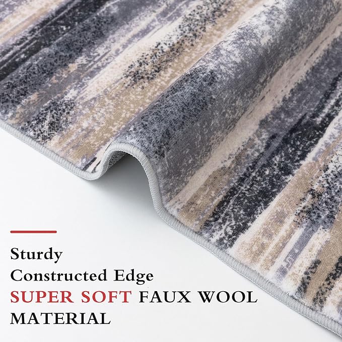 Lansny Modern Abstract Runner Rug 2.6x16, Grey Black Multi Washable Long Kitchen Runner Non-Slip Soft Hallway Rug Runner Thin Print Faux Wool Carpet for Entryway Bedroom Laundry Room Indoor Home Decor
