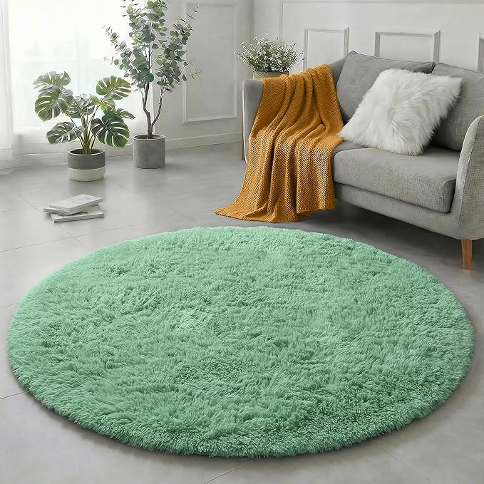 Amdrebio Sage Green Round Rugs 5Ft for Bedroom, Fluffy Furry Circle Rug for Nursery, Baby Kids Room Decor, Cute Shaggy Area Rugs for Preppy Dorm, Teen Girls Boys, Fuzzy Indoor Light Mint Green Carpet