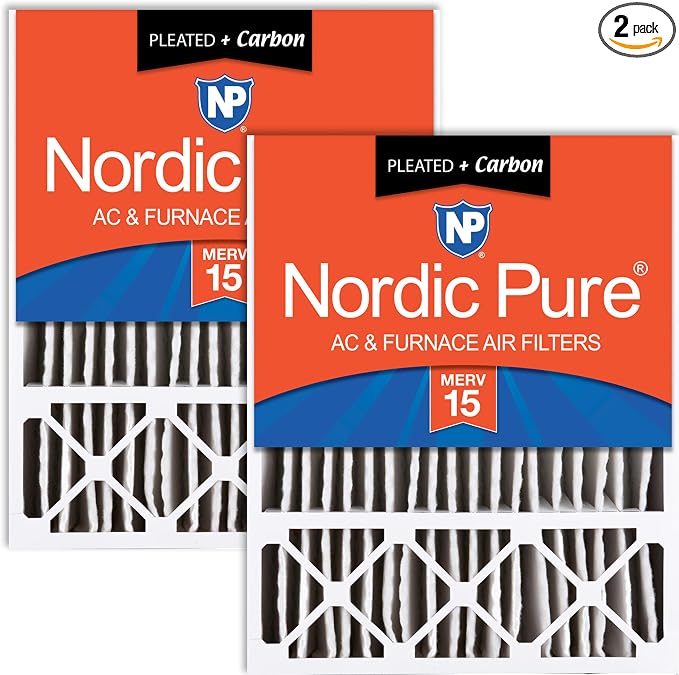 Nordic Pure 20x25x5 Pleated MERV 15 Plus Carbon Air Filters 2 Pack | Actual by NordicPure