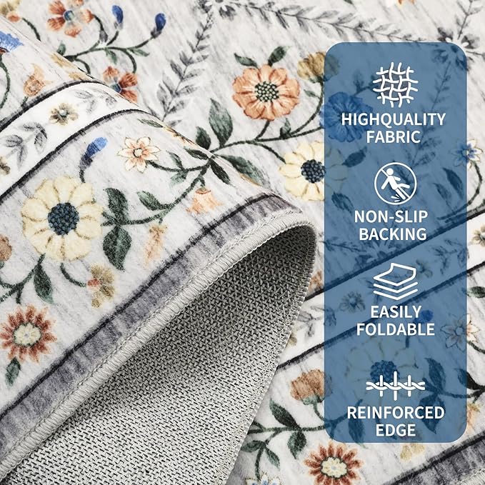 Large Area Rugs 10x13 Washable Rug for Spring Farmhouse Floral Carpet Grey Beige Soft Non Slip Low Pile Faux Wool Stain Resistant for Bedroom Kitchen Bathroom Laundry