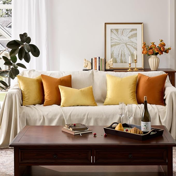 GIGIZAZA 18x18 Yellow Velvet Decorative Throw Pillow Covers for Sofa Bed 2 Pack Soft Cushion Cover
