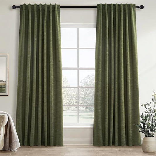 Topfinel 94 Inches Long Flax Custom Blackout Linen Curtains, Viral Pinch Pleated Noise Cancelling Curtains with Pin Hooks for Traverse, Olive Green Burlap Viral Drapes 2 Panels for Living Room