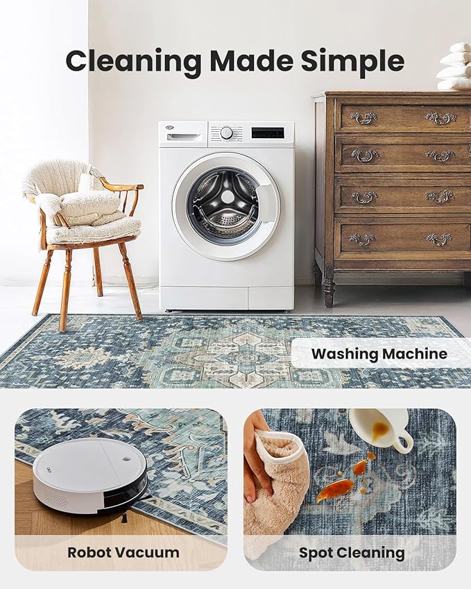 AMADA HOMEFURNISHING 2'6"x8' Washable Area Rug, Low-Profile Entryway Rug with Non-Slip Backing & Durable Edge Binding, Vintage Rug Pattern, Small Rugs for Entryway, Kitchen & Living Room