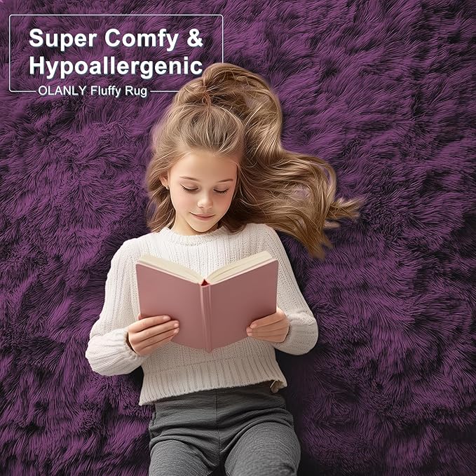 OLANLY 3x5 Machine Washable Small Bedside Rug, Soft Fluffy Shaggy Rugs for Living Room, Bedroom, Indoor Floor Carpet for Kids Girls and Boys, Preppy Dorms, Nursery, Home Decor Aesthetic, Dark Purple