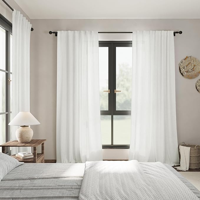Off White Curtains 95 Inches Long 2 Panels Back Tab Sheer Linen Curtain Modern Farmhouse Coastal Decor White Cotton Textured Gauze Curtains 95 inch Length for Patio Sliding Door Office Bedroom