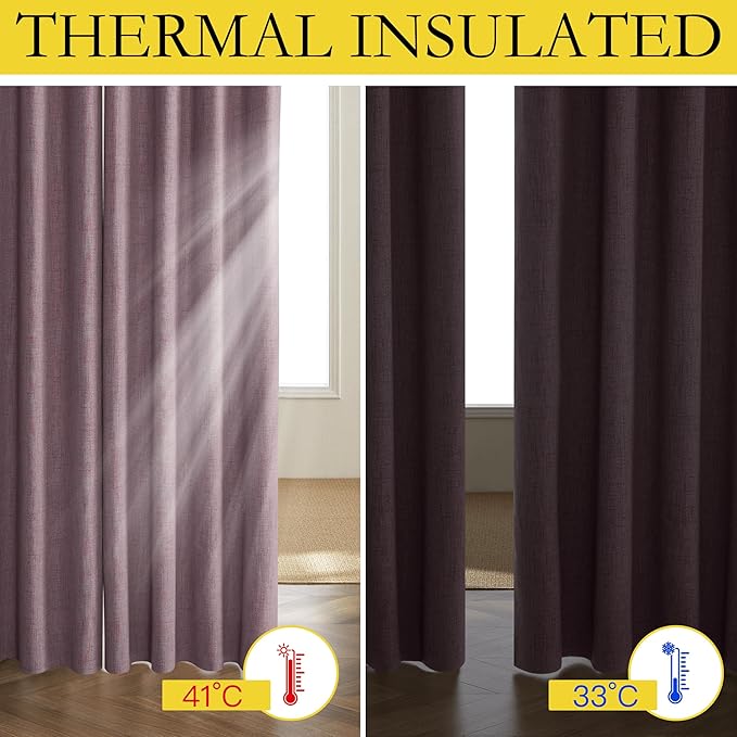 NICETOWN Chaise Mauve Vintage Linen 100% Blackout Curtains for Living Room, Thermal Insulated Curtains 120" Long, Noise Reducing Window Treatment Drapes for Hall Room, 52" Wide Per Panel, Set of 2