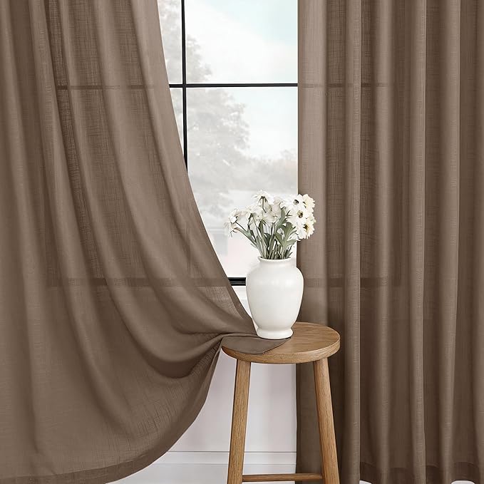 Chocolate Brown Linen Curtain 84 inch Length 2 Panels Set Back Tab Light Filtering Living Room Curtain Drapes Home Office Modern Minimalist Decor Farmhouse Boho Neutral Semi Sheer Curtain 84 inch Long