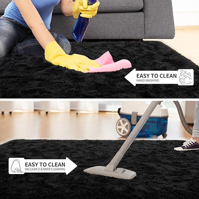 Tepook Super Soft Fluffy Rug for Bedroom, Modern Shaggy Fuzzy Kids Rugs for Living Room, Plush Indoor Nursery Home Decor Dorm Carpet with Non-Slip Bottom, Black, 3 X 5 Feet