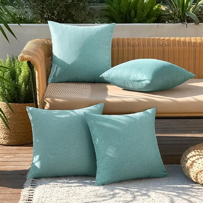 MIULEE Pack of 4 Decorative Outdoor Throw Pillow Covers Linen Waterproof Pillow Covers Spring Farmhouse Cushion Cases for Patio Garden Tent Balcony Couch Sofa 18x18 inch Teal
