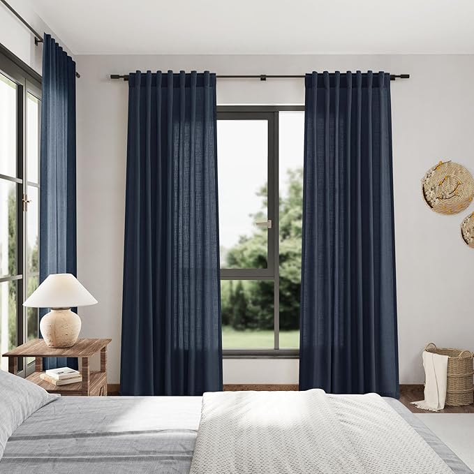 Nanspring Vintage Blue Linen Curtains 84 Inch Length 2 Panels Set for Living Room Rod Pocket Back Tab Light Filtering Window Drapes for Bedroom Dining Room Protect Privacy Vintage Country Decor