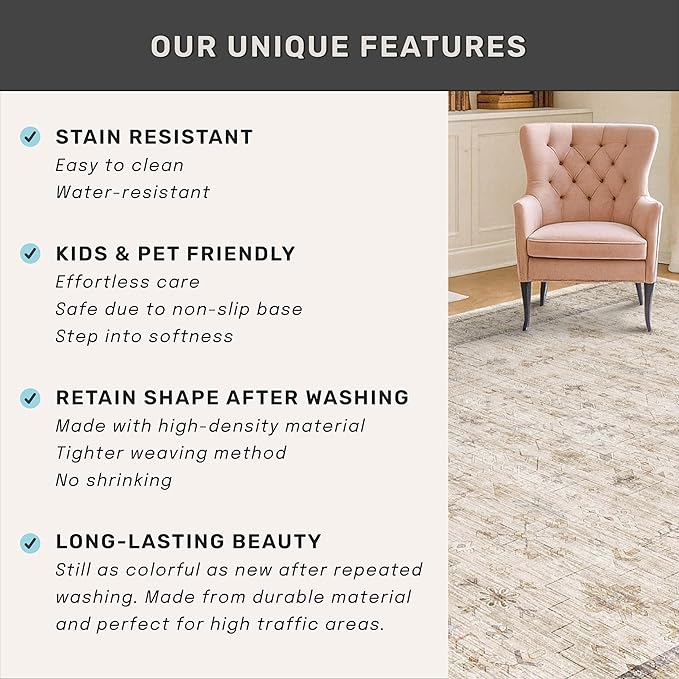 Vintage 3x4 Beige Indoor Rugs for Entryway - Geometric Pattern Washable Non Slip Rug for Kitchen, Bedroom, Laundry Room, Bathroom, Modern Farmhouse Home Décor, Low Pile & Soft Floral Carpet