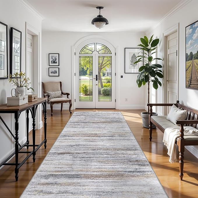Large Runner Rugs for Hallway 4x16: Non-Slip Washable Wide Carpet - Soft Low-Pile Stain and Spill Resistant Rug for Entryway Living Room Dining Room Balcony Garage Office Beige Grey