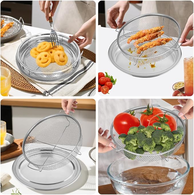 Air Fryer Basket for Oven, 2 Pieces Set Round Silver 12.9'' Non-stick Stainless - Image 3
