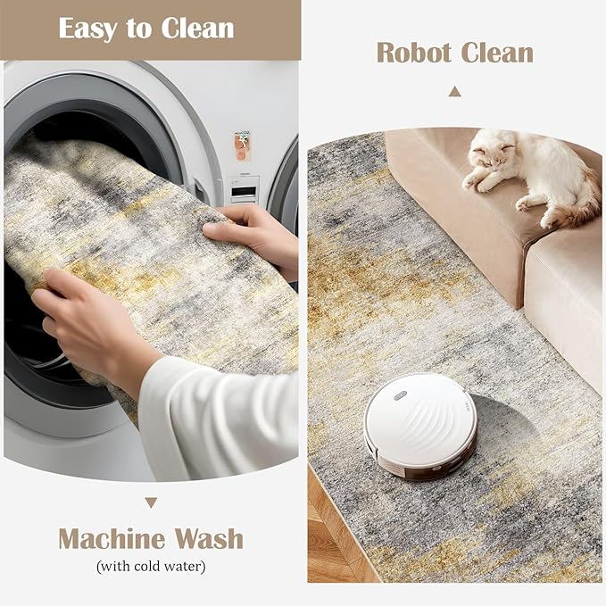 3x5 Washable Entryway Area Rug: Modern Abstract Small Runner Rug Indoor Soft Non Slip Rug for Living Room Low Pile Thin Floor Carpet for Kitchen Dining Room Bedroom Home Office Decor(3x5,Grey/Yellow)