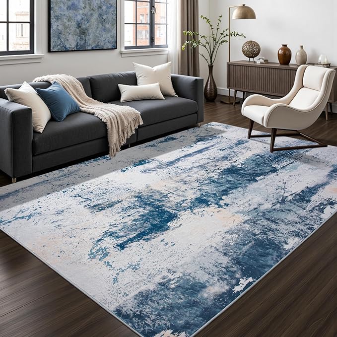 Toneed Abstract Area Rug Modern Washable Rug Soft Non Slip Rug Low Pile for Bedroom Living Room Dining Room Dusty Teal Grey 4x6 Feet