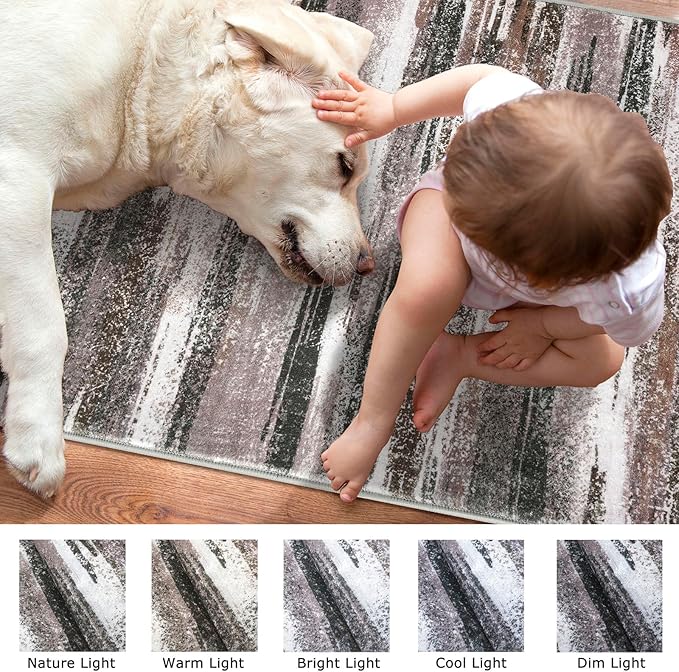 Lansny Modern Abstract Runner Rug 2x10, Dark Light Brown White Washable Long Kitchen Runner Non-Slip Soft Hallway Rug Runner Thin Print Faux Wool Carpet for Entryway Bedroom Laundry Room Indoor