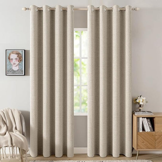 MIULEE 100% Blackout Linen Curtains for Bedroom Thermal Insulated Stone Grommet Room Darkening Curtains & Drapes Fall Decor for Living Room Nursery 52 x 84 Inch (2 Panels)