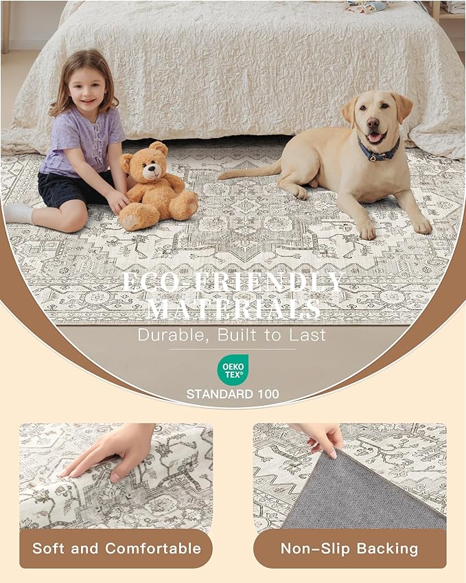 Madane Hallway Rug 3x10, Kitchen Rugs Washable Entryway Rug 10ft Vintage Kitchen Runners Non Slip Indoor Area Rug Farmhouse Carpet Runner for Bathroom Living Room Bedroom, Beige/Brown