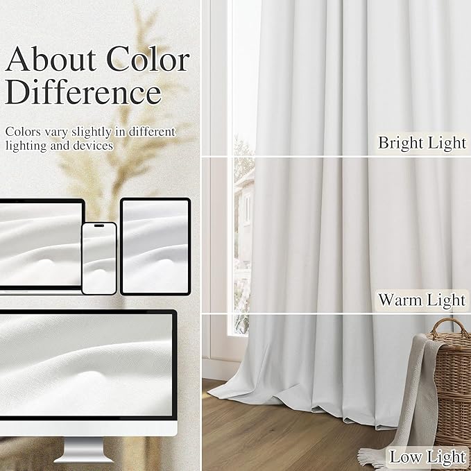 Guken White 100% Blackout Linen Curtains 80 Inch Length 2 Panels Set for Living Room Bedroom Back Tab Thermal Insulated Black Out Linen Drapes 80 Inches Long