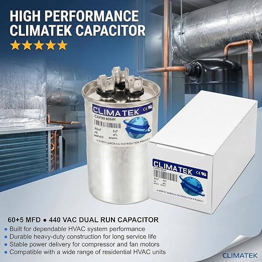 ClimaTek 60 + 5 MFD 370/440 Volt Dual Run Round Capacitor CAP99-6054R | 60/5 VAC - Image 2