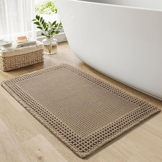 RESARE Waffle Bathroom Runner Rugs, Super Absorbent Bath Mat Non Slip Washable Quick Dry, Upgraded Ultra Soft Boho Bath Rugs with Tassels for Hallway Bedroom Laundry Room, 20"x32" Brown