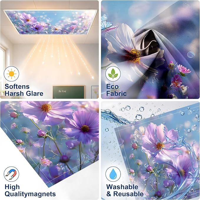 2 Pack Dreamy Purple Flower Decorative Ceiling Light Covers, Magnetic 4x2 Ft - Image 3