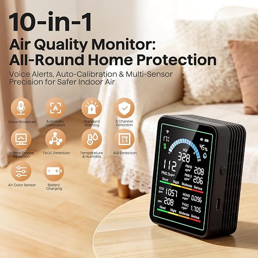 Air Quality Monitor Indoor, 10 in 1 Portable Smart Air Quality Tester - Image 2
