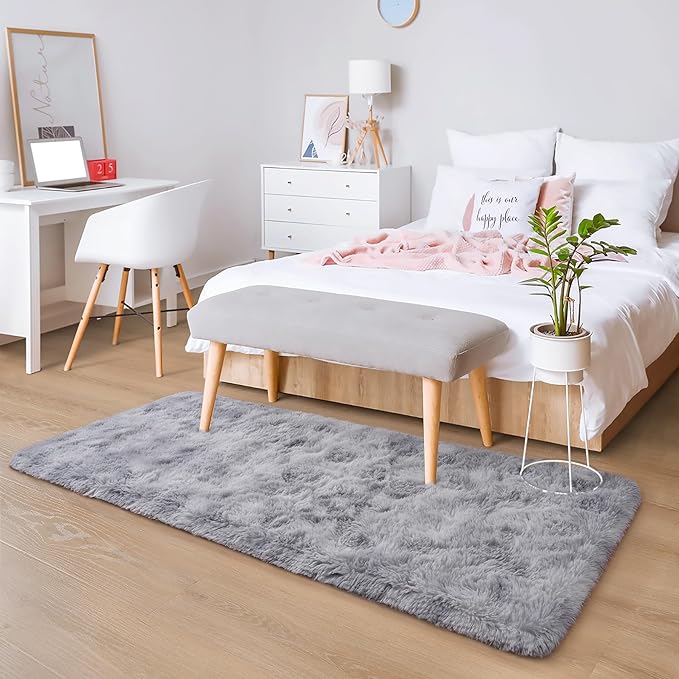 Chicrug Cute Fluffy Area Rug for Girls Bedroom, 2x6 Feet Fluffy Kids Rug for Room Decor, Shag Soft Dorm Playroom Rug, Bedside Rugs for Baby Nursery Room, Grey
