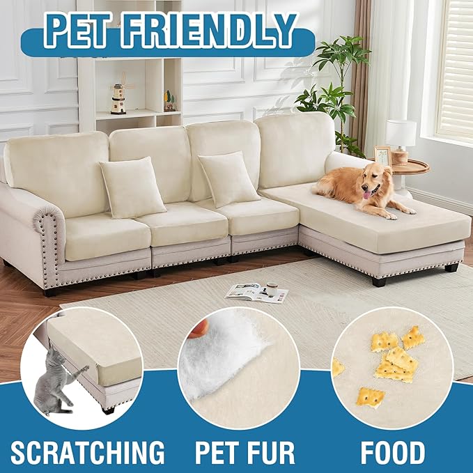 Couch Cover Stretch Velvet Sofa Cushion Cover 1-Piece - Elastic Washable Slipcover for Seat or Backrest, Couch Seat Covers for Sofas (Cream)