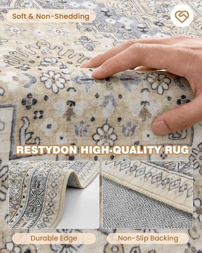 Runner Rug 2x6, Ultra-Thin Entryway Rug Non Slip Washable Rugs for Laundry Room, Runners for Hallways, Vintage Soft Rugs for Living Room, Kitchen, Bedroom(Beige,2'x6')