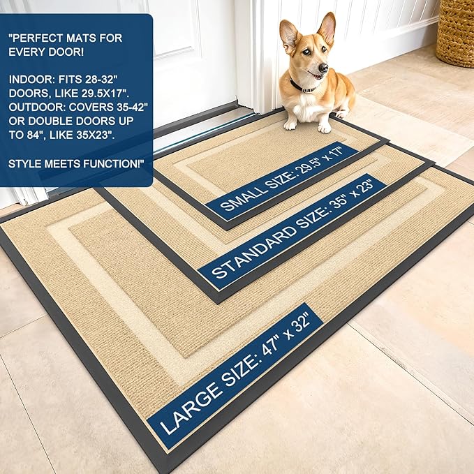 OLANLY Front Door Mat Indoor Outdoor Entrance, Waterproof All-Season, All-Weather Doormat, Sturdy Natural Rubber, Fade Resistant, Low Profile, Easy Clean Patio Porch Entryway Mat, 47x30, Beige